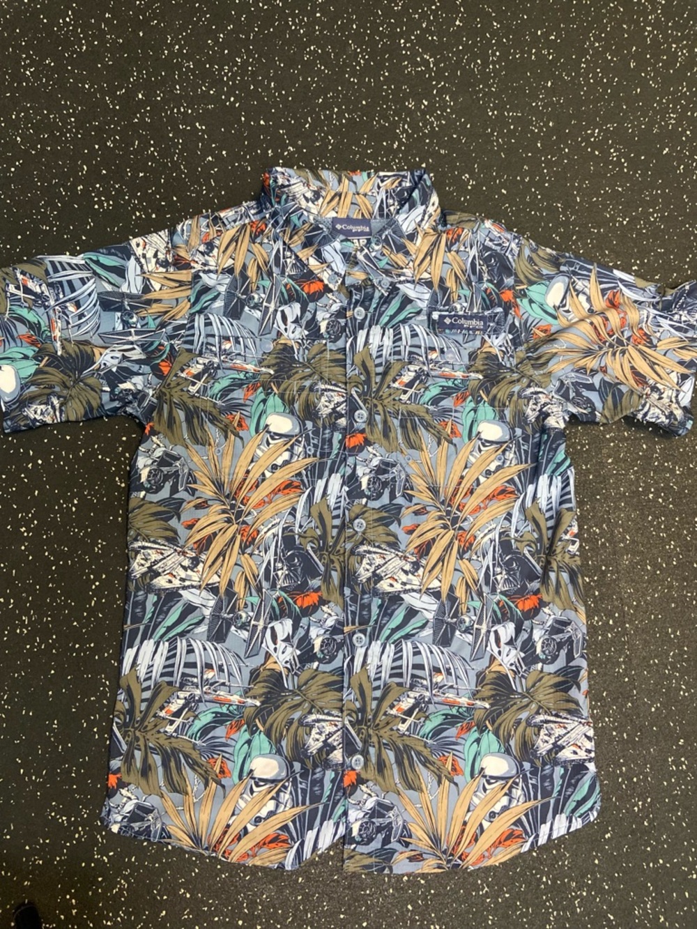 Columbia PFG STAR WARS Short Sleeve Button-Up Shirt - Navy/Teal/Orange L 14/16